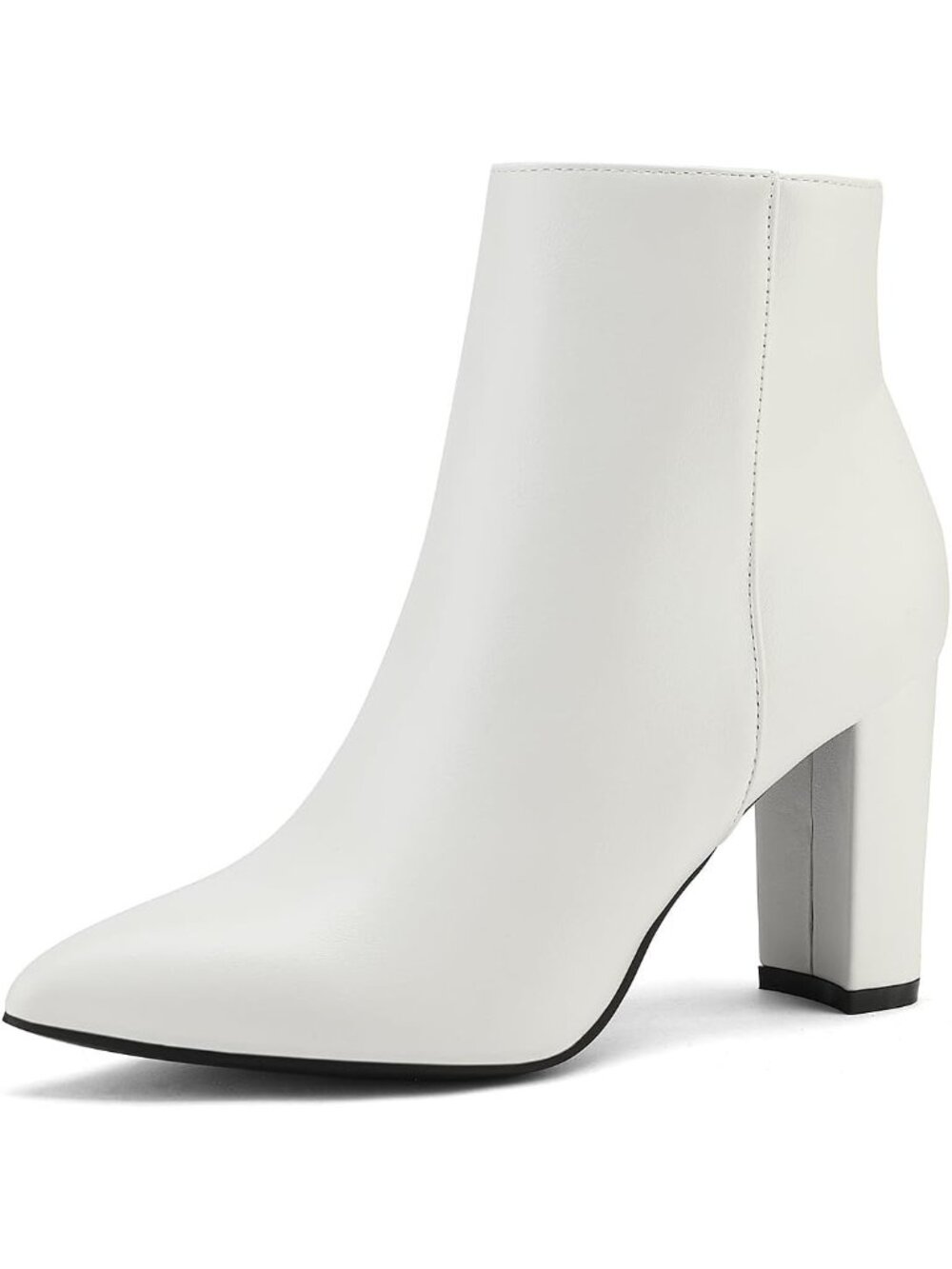 Women's White Pu Faux Leather Chunky Heel Ankle Booties Pointed Toe Short Boots
